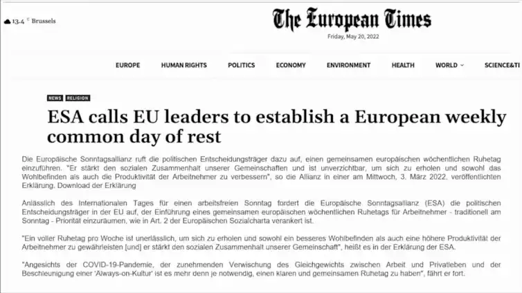Die "European Sunday Alliance" hat die EU-Führung dazu aufgerufen, einen gemeinsamen wöchentlichen Ruhetag in ganz Europa einzuführen – traditionell der Sonntag.