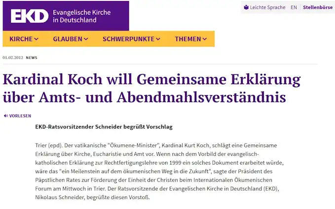 Kardinal Koch will Gemeinsame Erklärung über Amts- und Abendmahlsverständnis