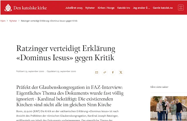 Kardinal Ratzinger bekräftigt: Die existierenden Kirchen sind nicht alle im gleichen Sinn Kirche